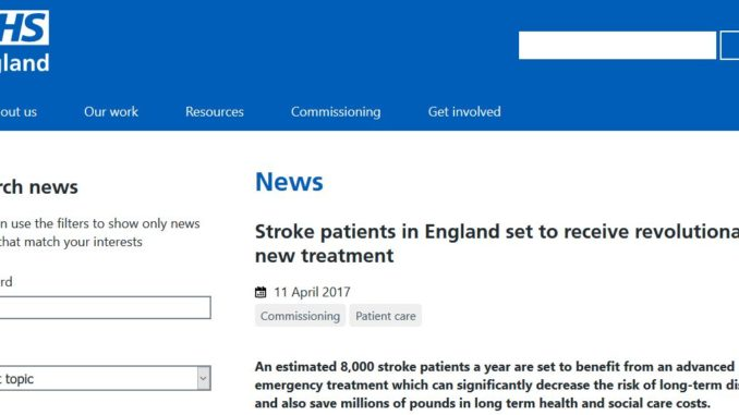 NHS England announced specialised commissioning of mechanical thrombectomy for acute stroke
